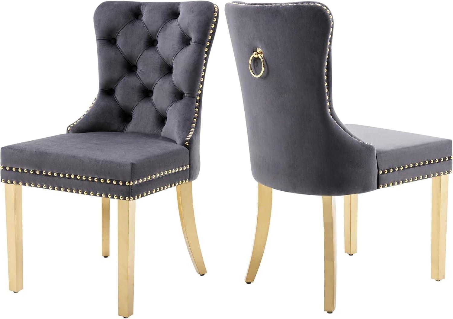 Westice Dining Room Chairs Set of 2, Tufted Velvet Chairs with Golden Stainless Legs, Rivet Trim Metal Pull Ring Large Back for Kitchen Dining Room Restaurant, Dark Gray