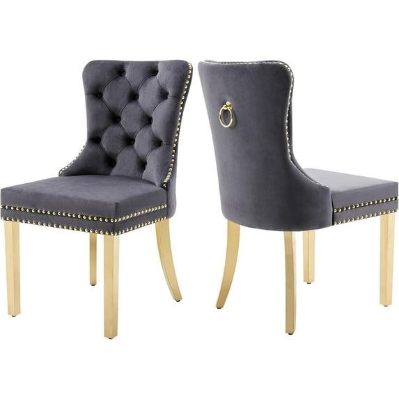 Westice Dining Room Chairs Set of 2, Tufted Velvet Chairs with Golden Stainless Legs, Rivet Trim Metal Pull Ring Large Back for Kitchen Dining Room Restaurant, Dark Gray