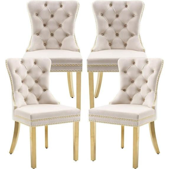 SoarFlash Velvet Dining Chairs Set of 4, Tall Back Side Chair, Modern Upholstered High-end Tufted Side Chair with Button Back Ring, Solid Wood Legs (Beige)