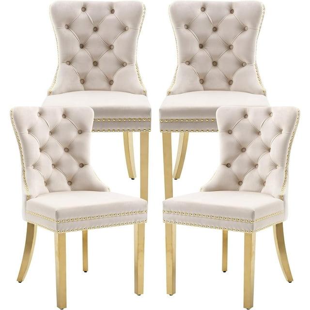 SoarFlash Velvet Dining Chairs Set of 4, Tall Back Side Chair, Modern Upholstered High-end Tufted Side Chair with Button Back Ring, Solid Wood Legs (Beige)