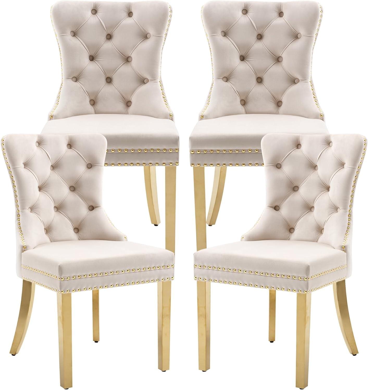 SoarFlash Velvet Dining Chairs Set of 4, Tall Back Side Chair, Modern Upholstered High-end Tufted Side Chair with Button Back Ring, Solid Wood Legs (Beige)