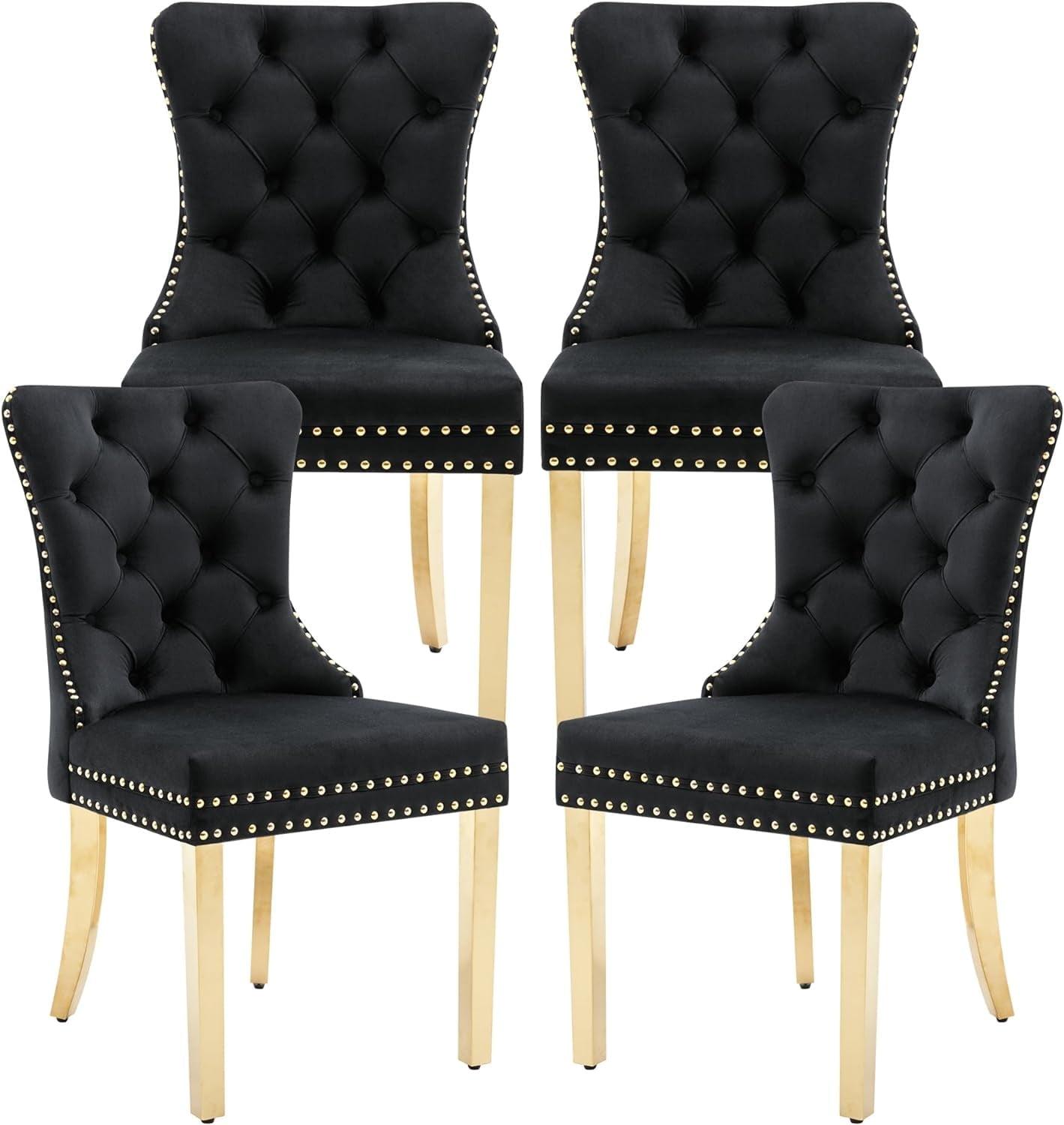 ODUSE-DAILY Black Velvet Dining Chairs Set of 4, Kitchen & Dining Room Chairs, Nailheads Tufted, Sillas De Comedor, Fabric Upholstered, Golden Metal Legs (Black, 4 Pcs)