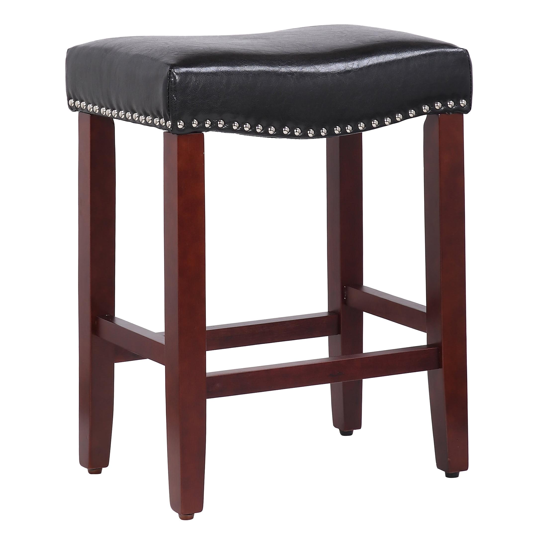 Grandville 24" Black Leather Saddle-Style Bar Stool with Nailhead Trim