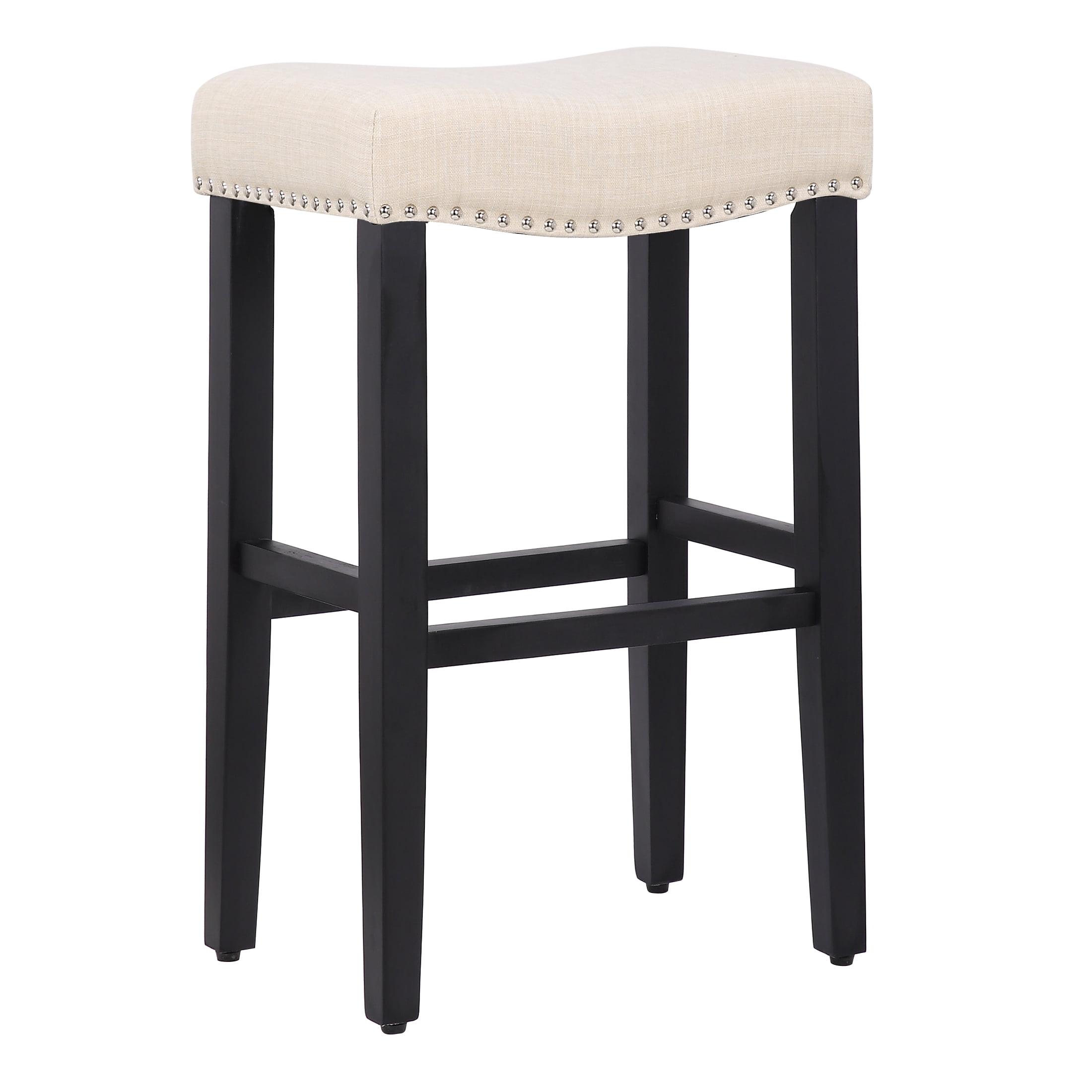 29" Black and Beige Saddle Style Wooden Barstool with Nailhead Trim