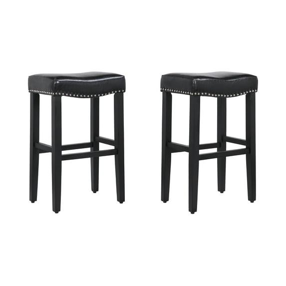 Westin Outdoor Yazan 29" Upholstered Counter Stool with Nail Head Trim (Set of 2), Black/Leather