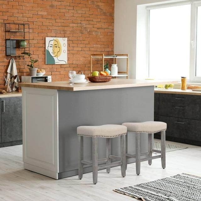 WestinTrends 24" Upholstered Saddle Seat Counter Stool (Set of 2), Antique Gray/Beige