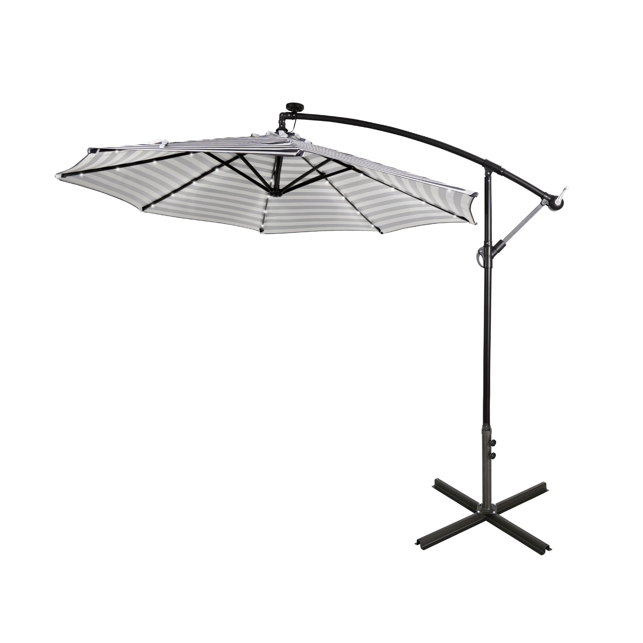 WestinTrends Albert 10 Ft Offset Patio Umbrella, Solar Powered 32 LED Light Outdoor Pool Hanging Cantilever Umbrella with Infinite Tilt and Crank Lift, Gray/White
