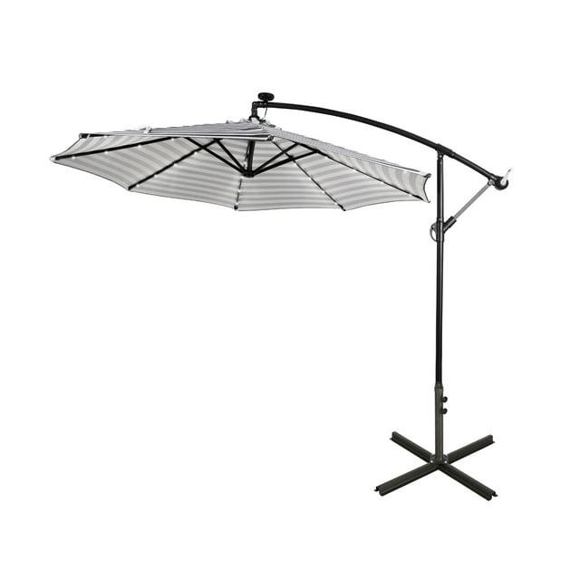 WestinTrends Albert 10 Ft Offset Patio Umbrella, Solar Powered 32 LED Light Outdoor Pool Hanging Cantilever Umbrella with Infinite Tilt and Crank Lift, Gray/White