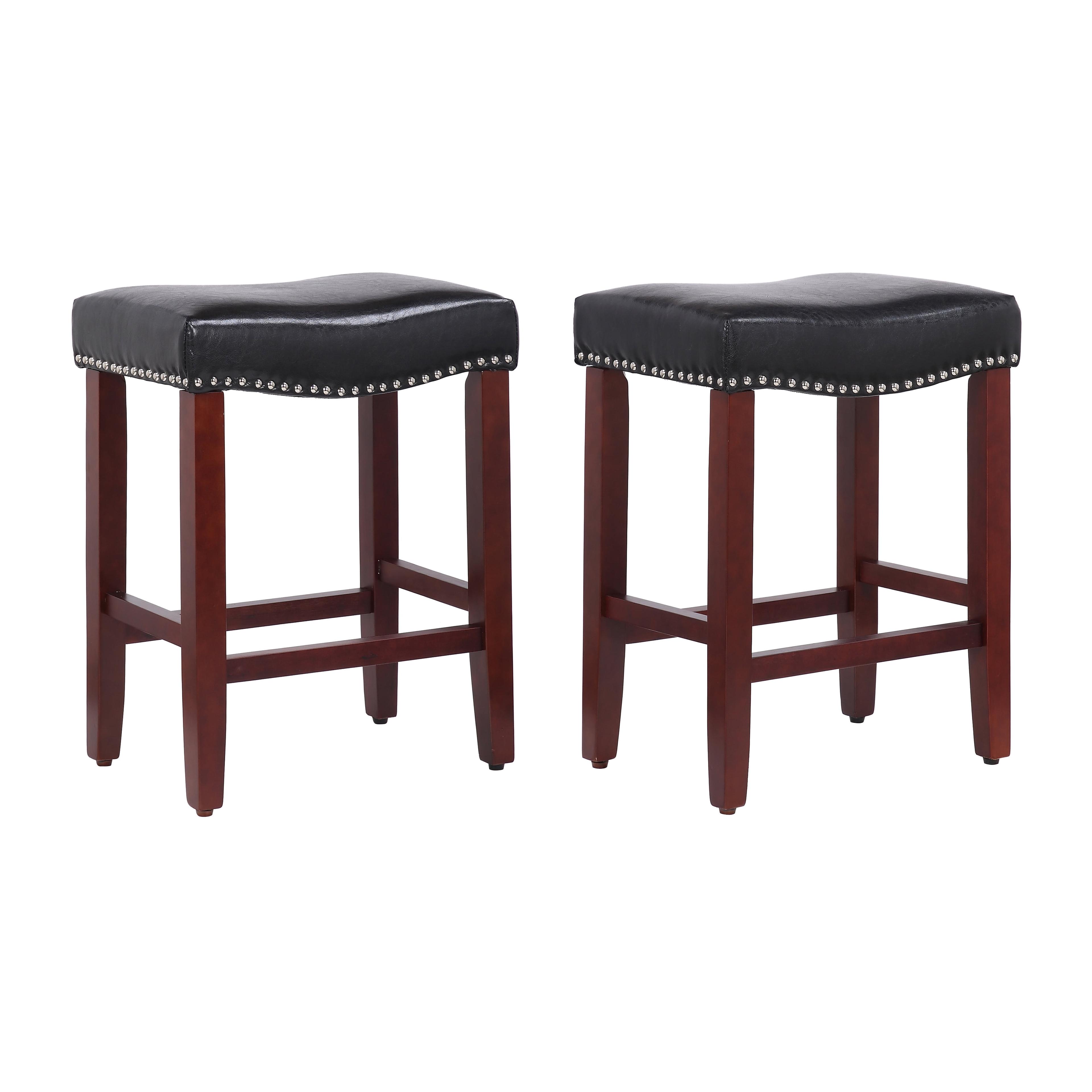 Modern Farmhouse 24" Black Leather Saddle Bar Stools, Set of 2