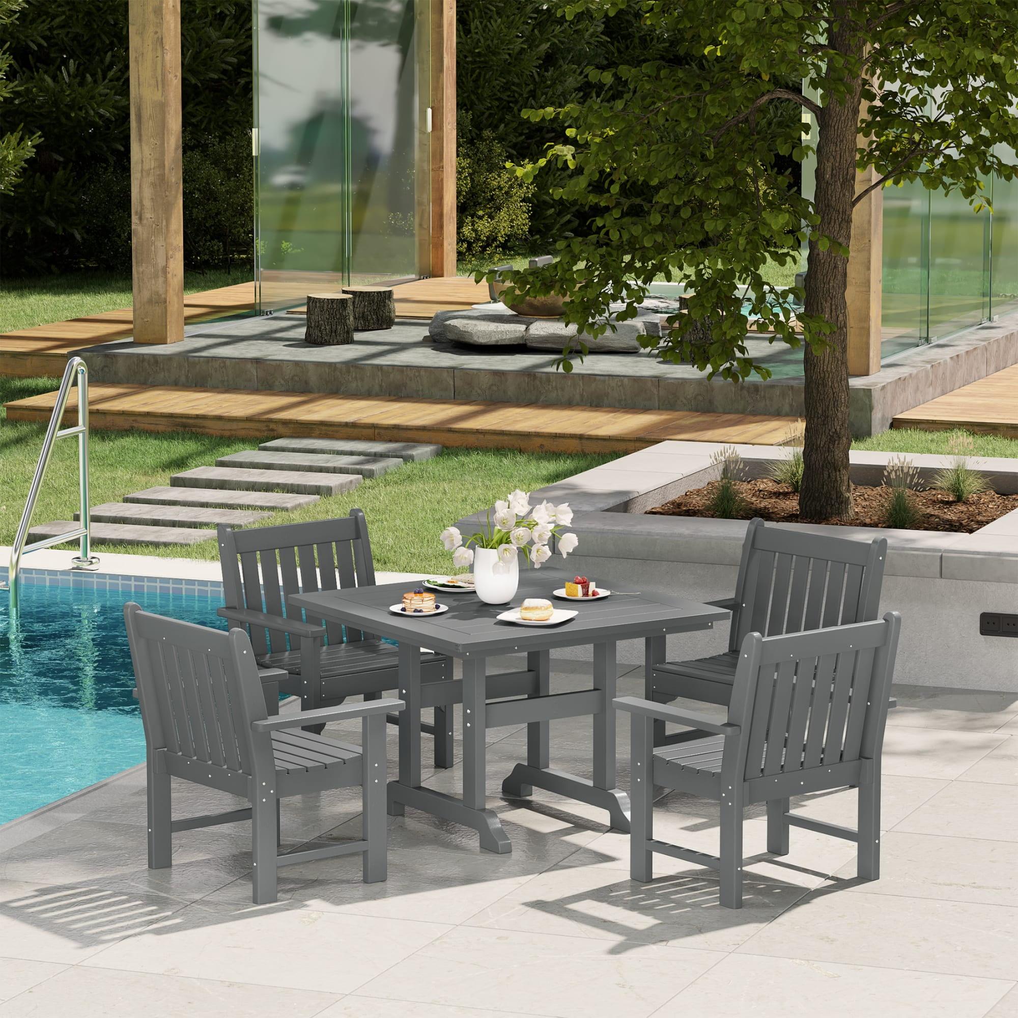 Mabry 5 Piece Patio Dining Set, Patio tables with 4 Chairs,Patio Furniture Sets Made of HDPE Materia and Metal Frame Reinforcement for Backyard, Porch, Lawn，Party and Garden,Gray