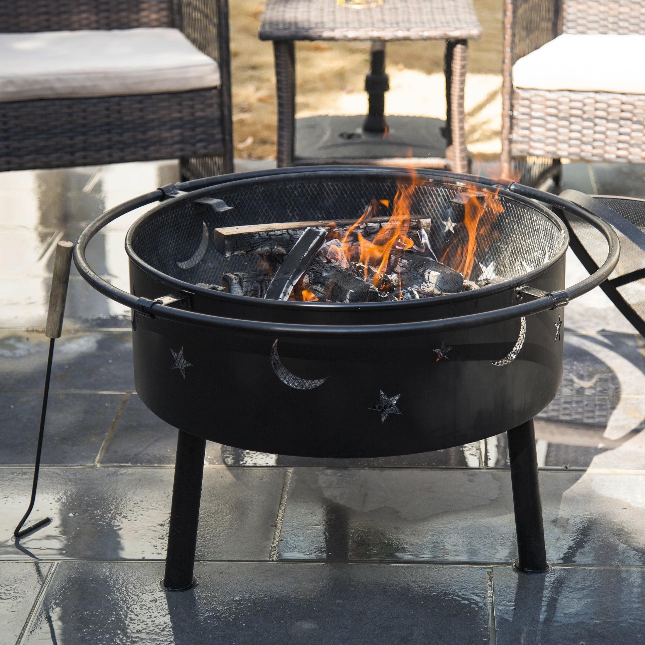 Black Steel Star and Moon Wood Burning Fire Pit