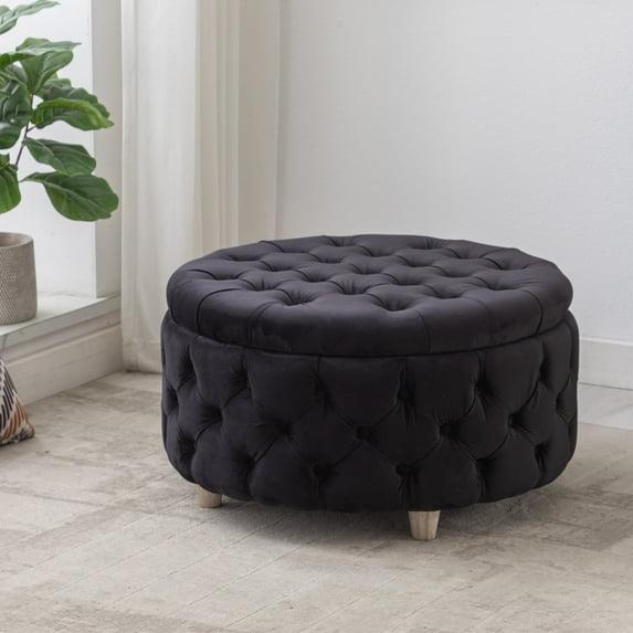 Ornavo Home Velvet Upholstered Round Tufted Storage Ottoman with Wooden Legs - Black