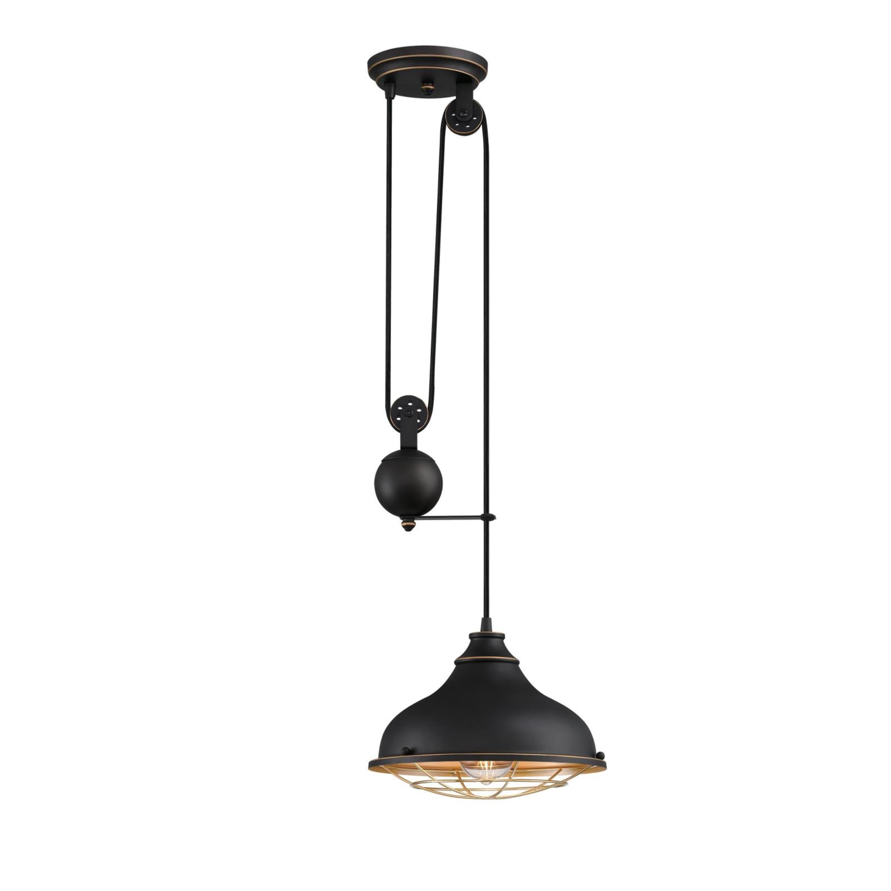 Westinghouse Chaves Pulley Pendant Black-Bronze Finish with Highlights Golden Brass Cage Shade