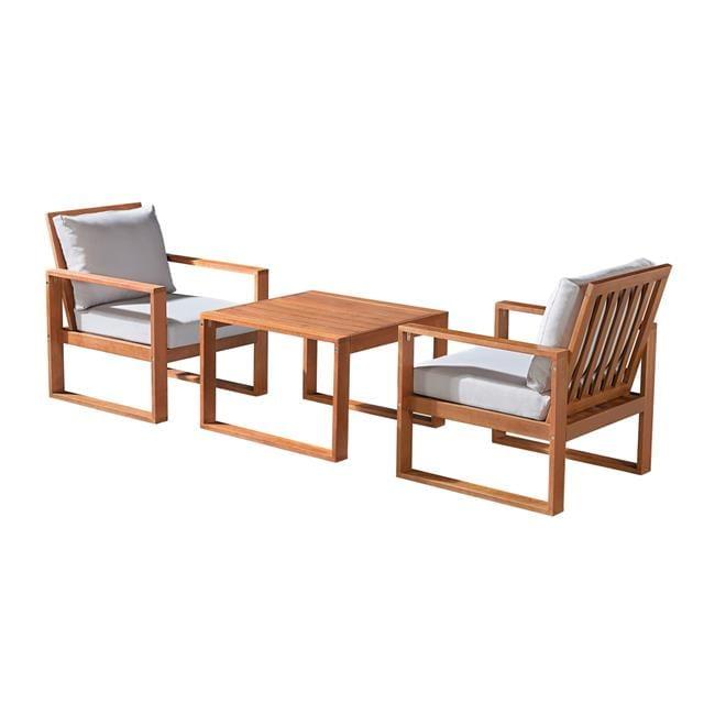 Weston 3Pc Outdoor Set Solid Eucalyptus Wood, 2 Chairs with Cushions and 1 Cocktail Table