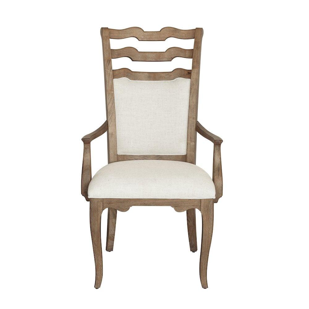 Beige Linen Upholstered Ladderback Wood Arm Chair