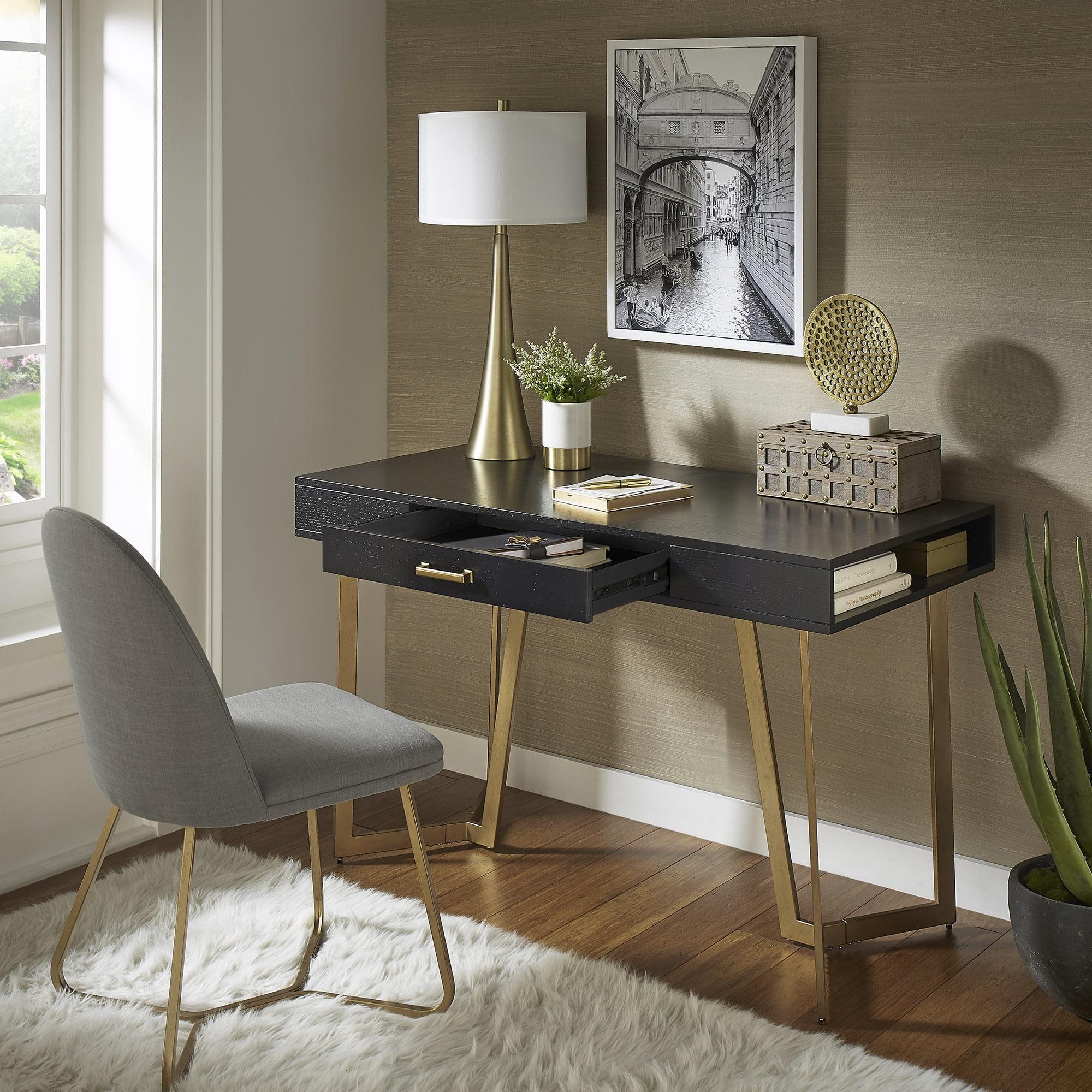 Black Wood Writing Desk with Gold Metal Base and Drawer