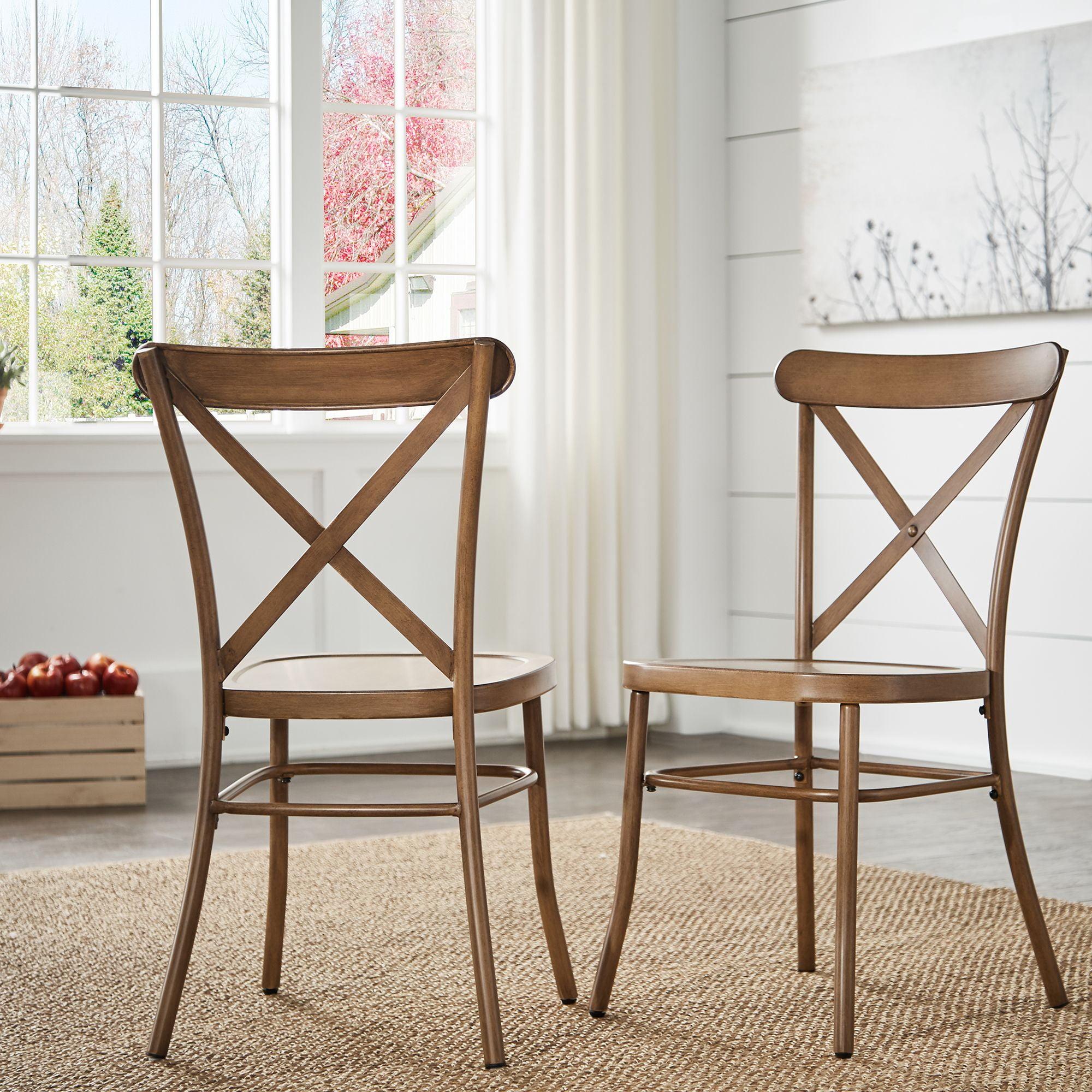 Oak Finish X-Back Metal and Wood Dining Side Chairs, Set of Two