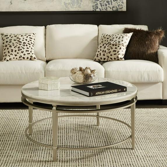 Weston Home Timo Champagne Silver Finish Round Marble Top Coffee Table