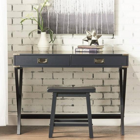 Weston Home Wood X-Base Campaign Writing Desk with Drawers, Vulcan Black