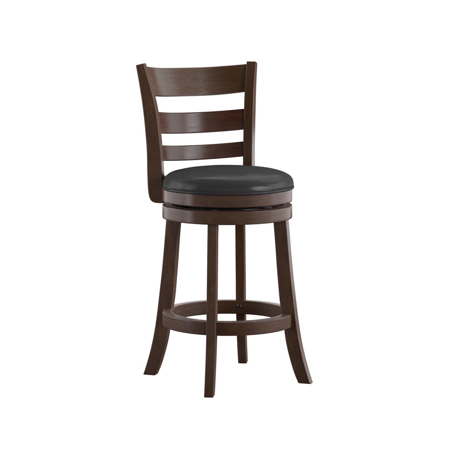 Traditional Black Leather Swivel Counter Stool with Wood Frame