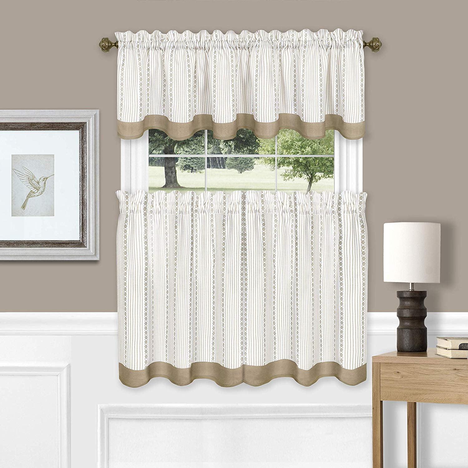 Taupe and White Polyester Kitchen Tier Curtain Set