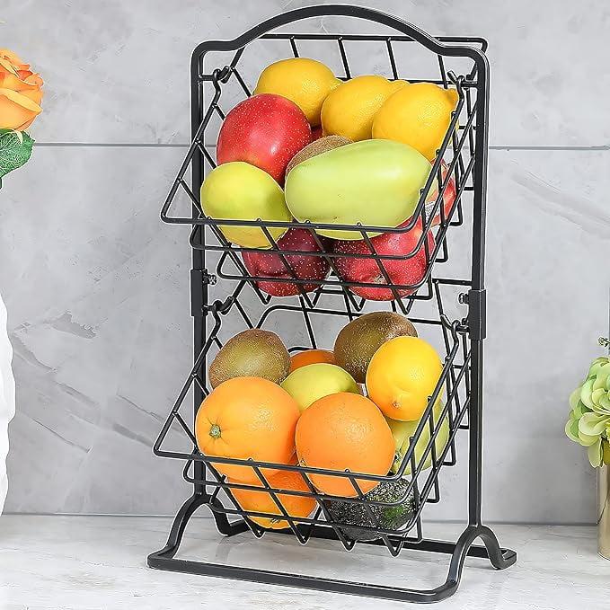 Matte Black 2-Tier Iron Fruit and Vegetable Basket Stand