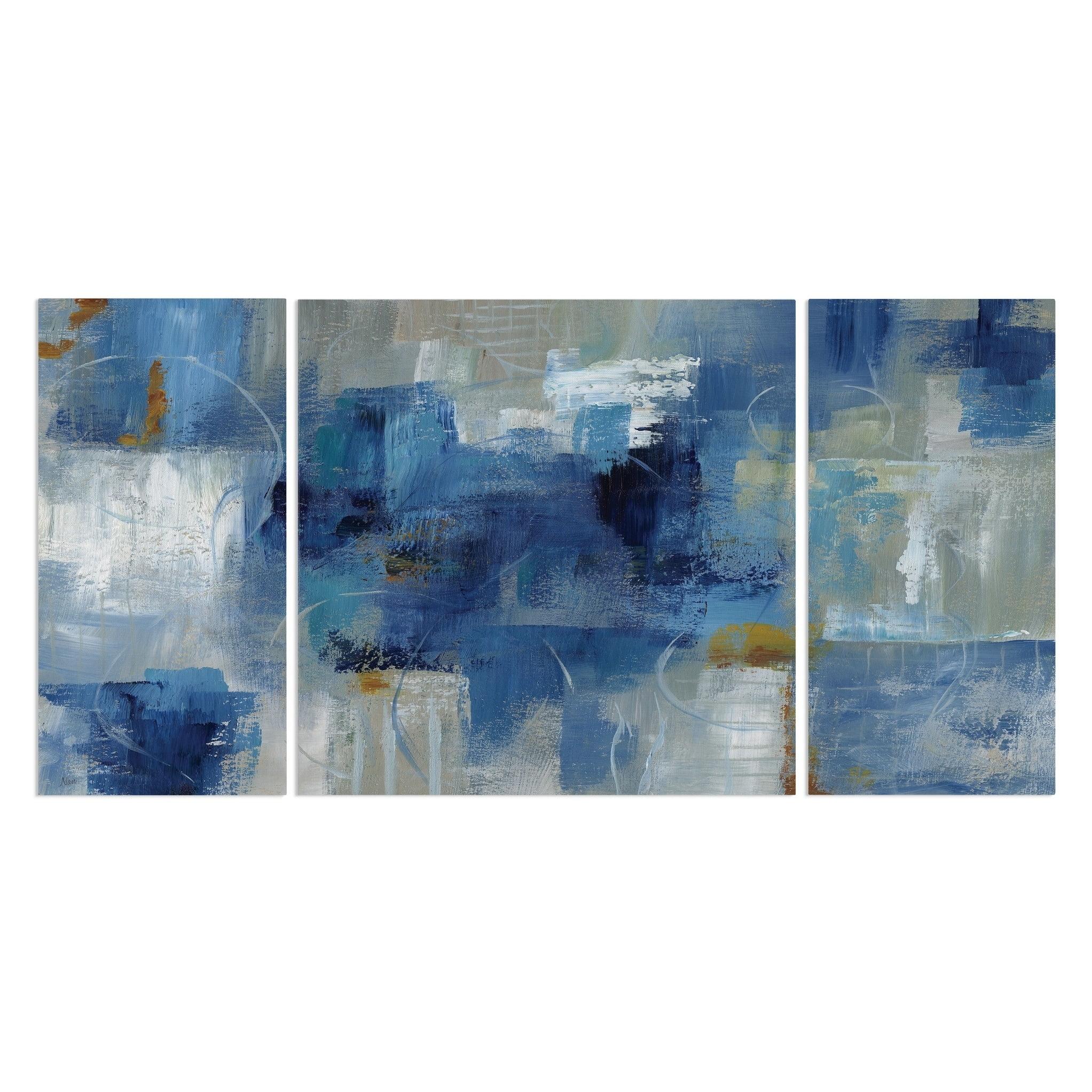 Blue and White Abstract Canvas Triptych Wall Art 24x48