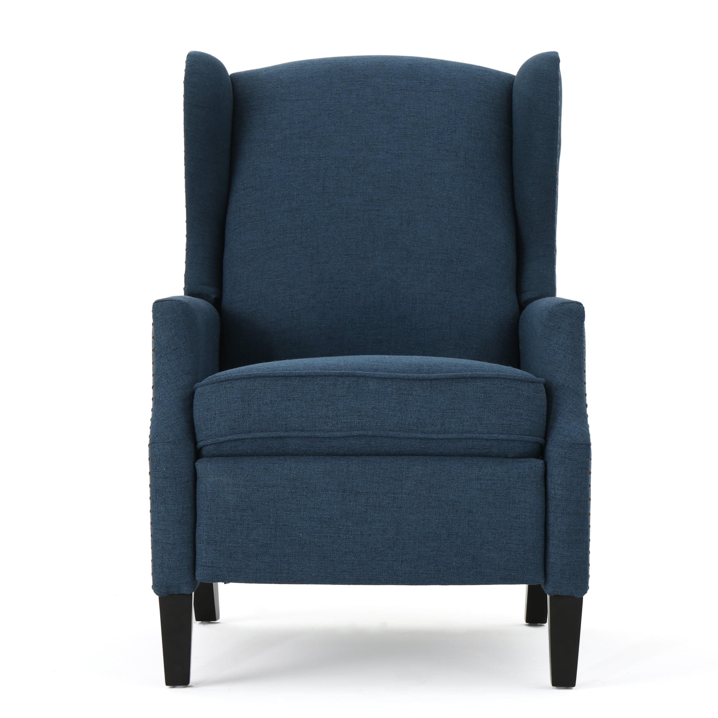 GDFStudio Weyland Contemporary Fabric Wingback Pushback Recliner with Nailhead Accents, Navy Blue
