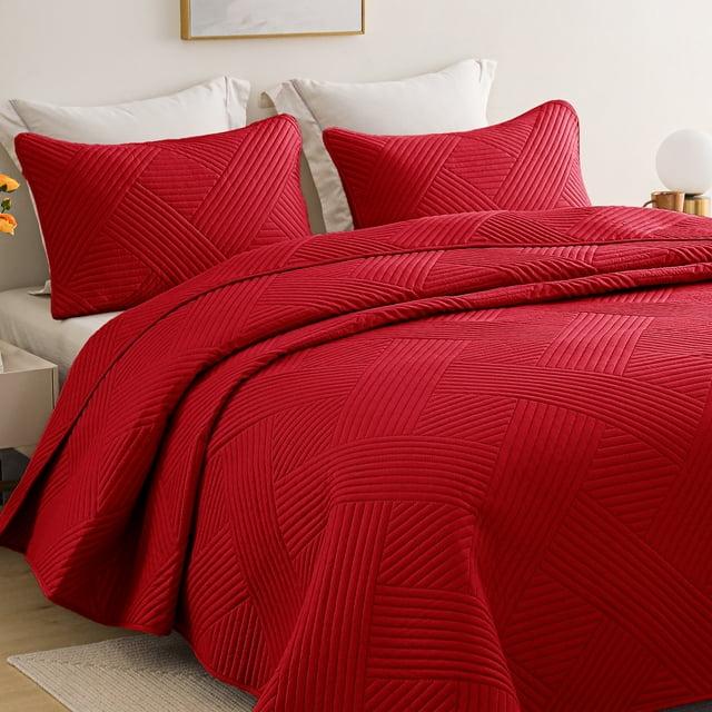 Whale Flotilla Queen Quilt Set, Soft Lightweight Quilts Bedspreads Coverlet with Embossed Pattern, Bedding Sets with Pillow Shams, Reversible Bed Cover for All Seasons, 90x96 Inches, Red