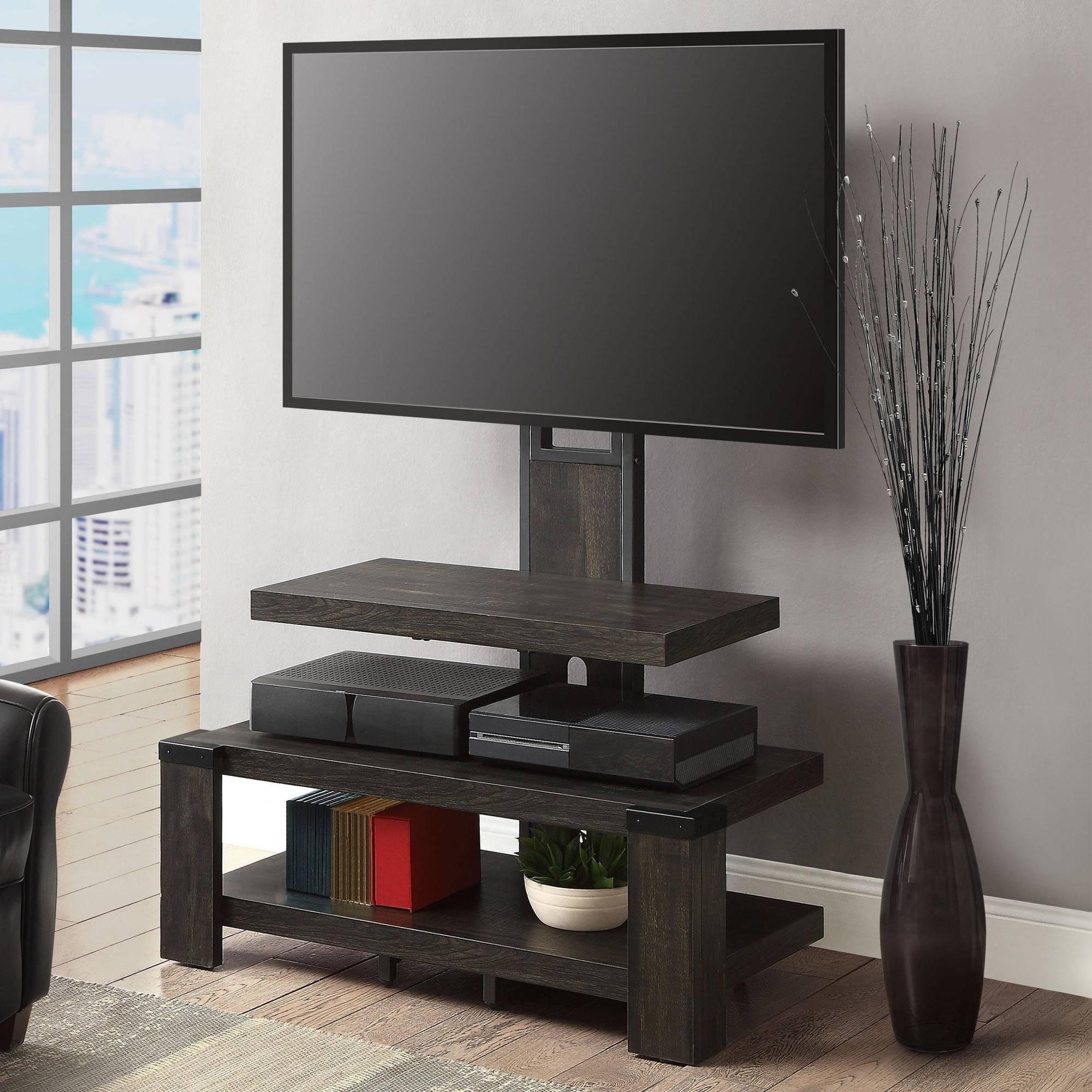 Dark Pine and Black 3-Shelf TV Stand with Floater Mount