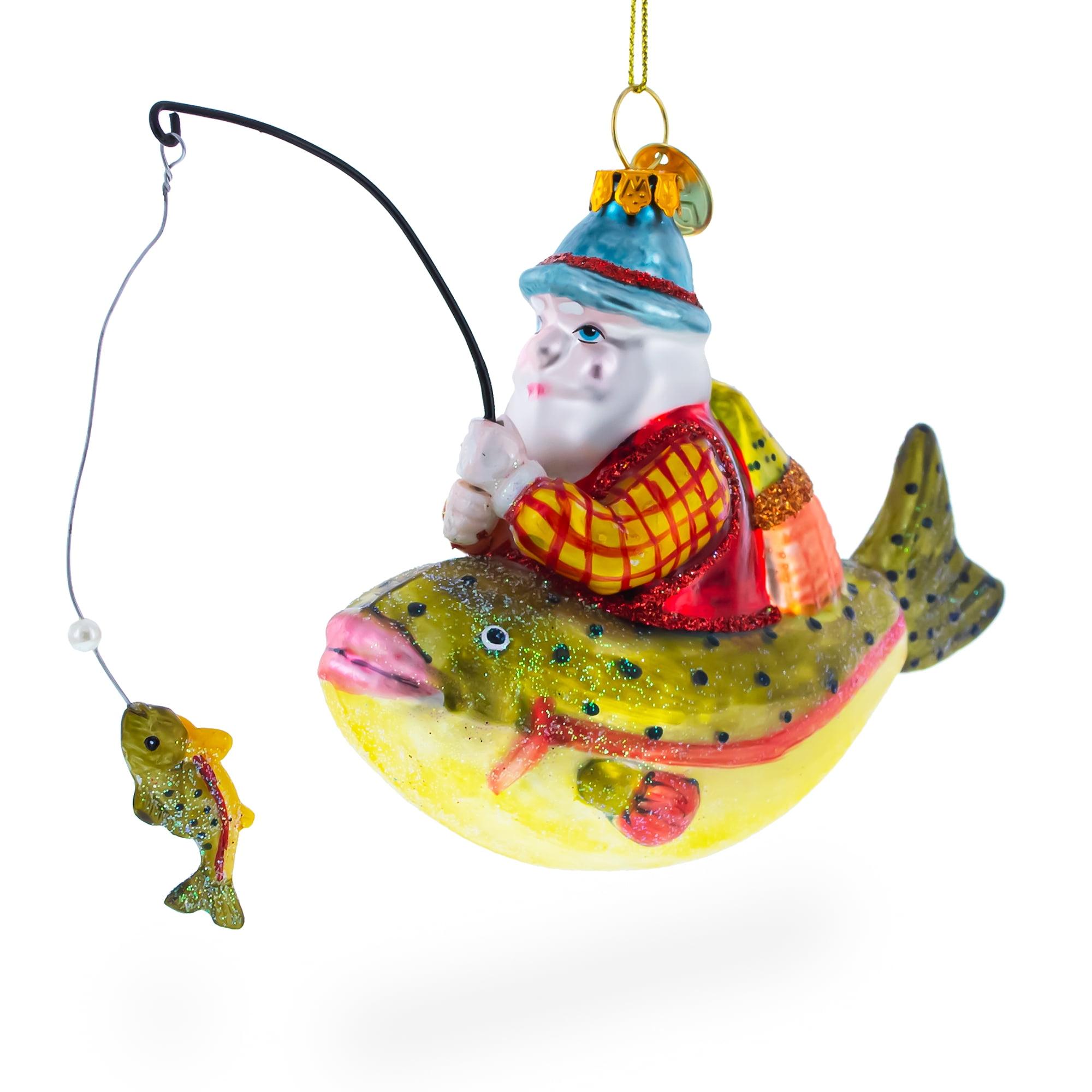 Santa Fishing on Boat Hand-Painted Glass Ornament