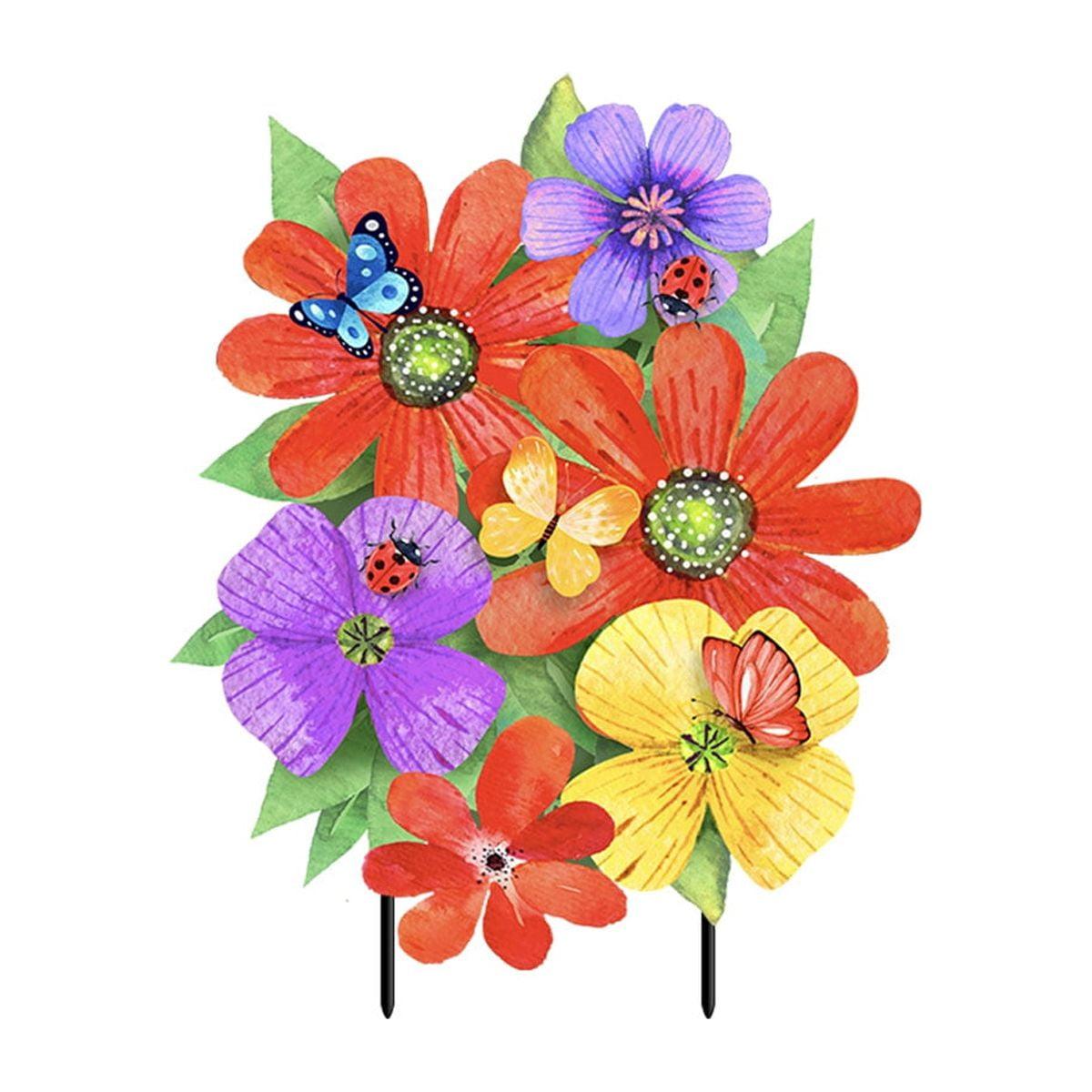 Whimsical Spring Flowers Metal Lawn Art with Butterflies and Ladybugs