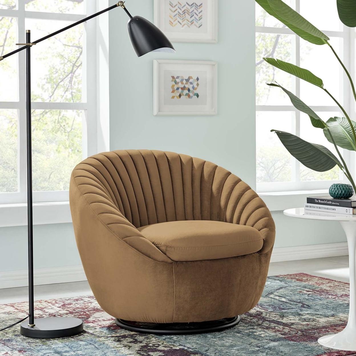 Cognac Black Velvet Swivel Accent Chair with Channel Tufting