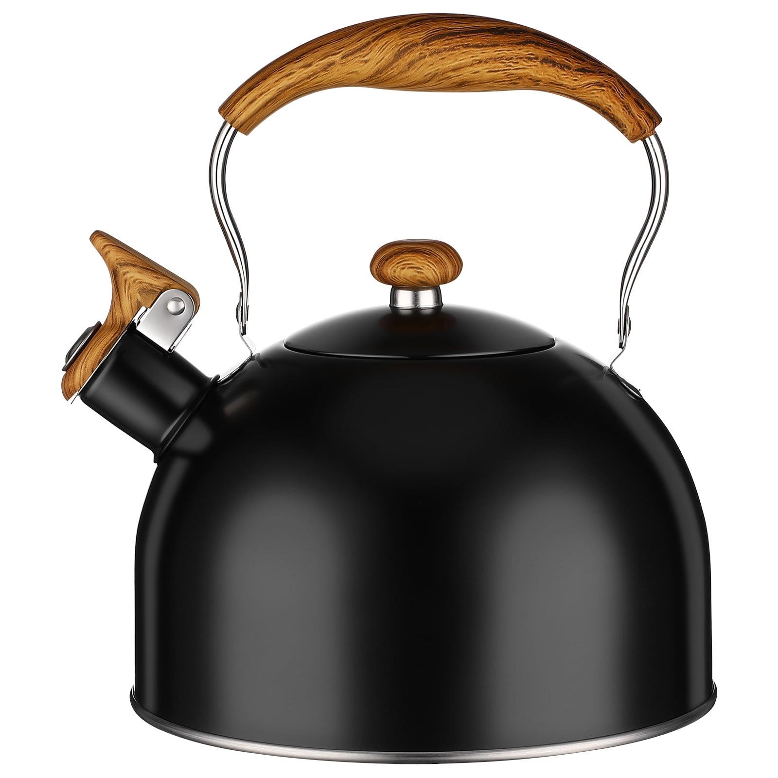 Black Stainless Steel Whistling Tea Kettle with Wooden Handle