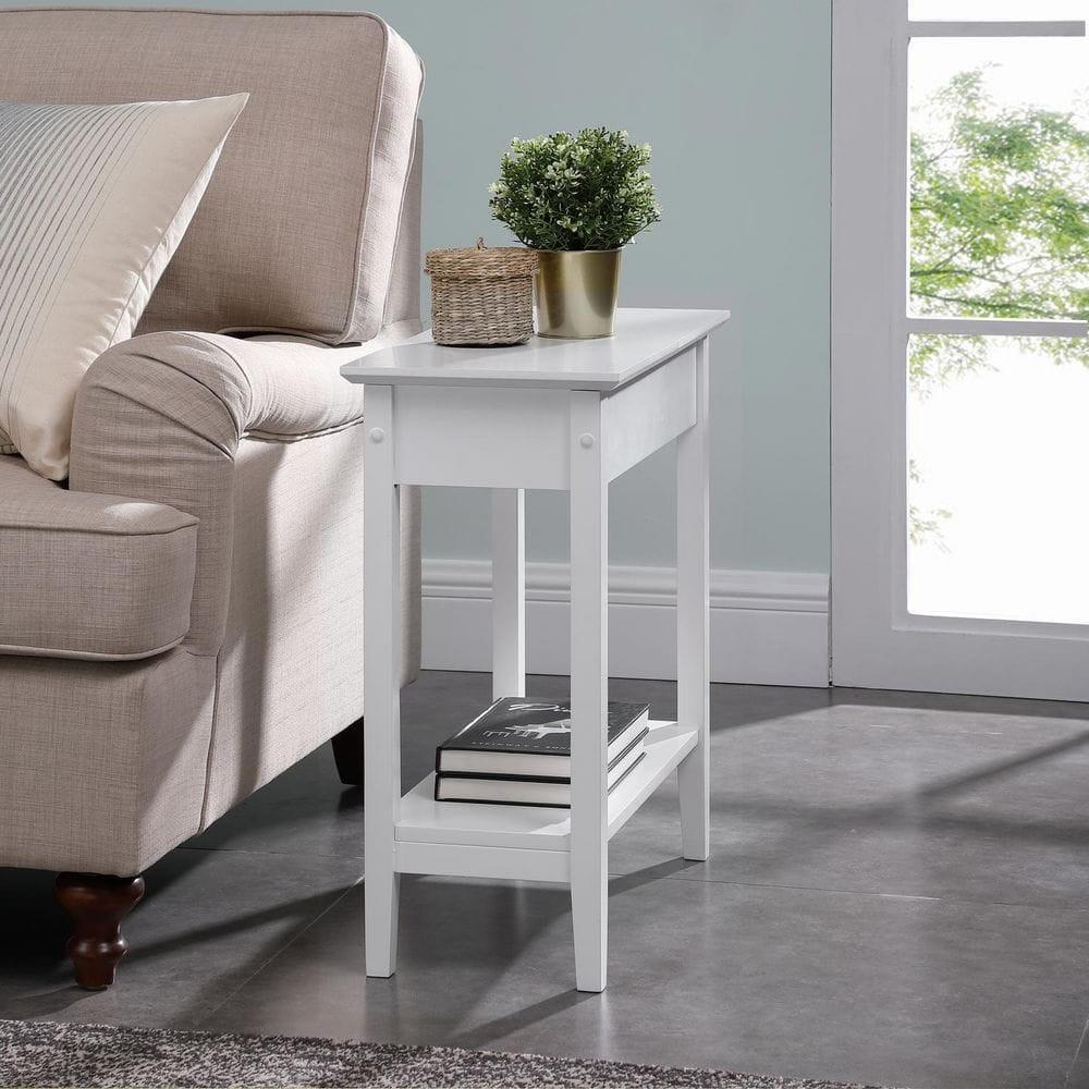 Flip Top Narrow End Table with Storage, Narrow Side Tables for Small Spaces, Slim End Table with Storage Shelf, Skinny Nightstand Sofa Table for Bedroom, Living Room - White