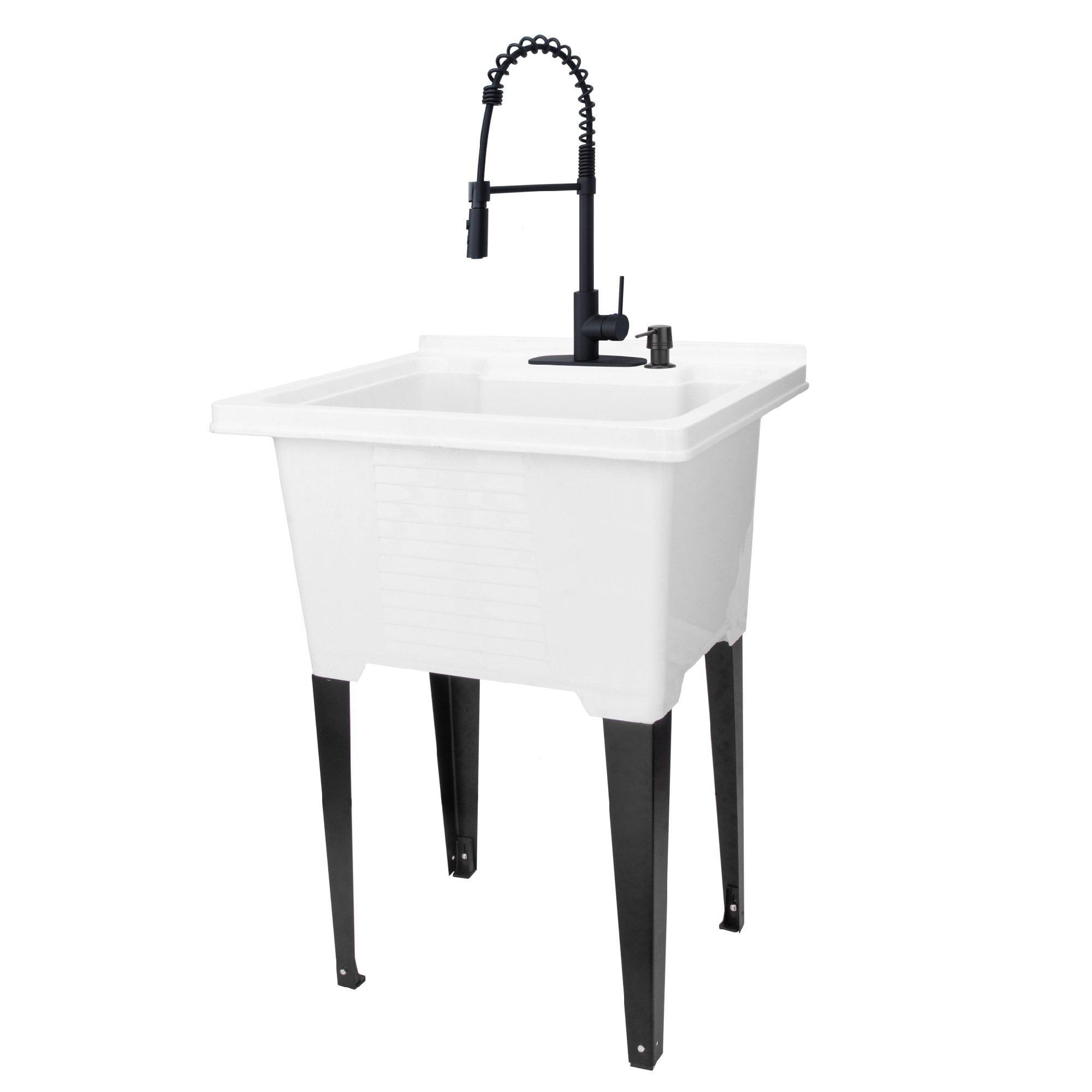 White Freestanding Utility Sink with Black Pull-Down Faucet