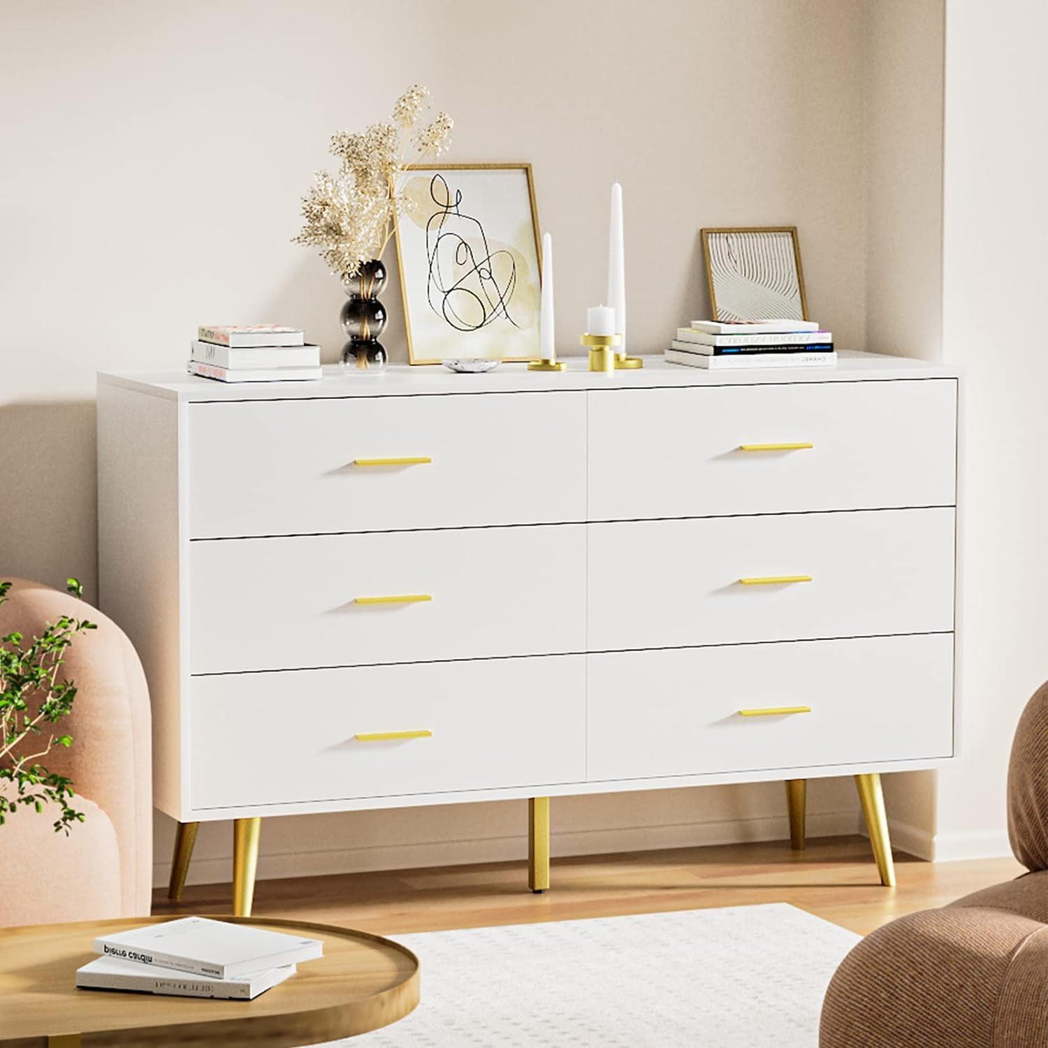 Danolapsi 6 Drawer Dresser,6-Drawer Chest of Drawers for Bedroom,Wooden Dresser with Gold Handles,Chest Dresser with Deep Drawers Modern Storage Drawers for Bedroom,Living Room and Entryway