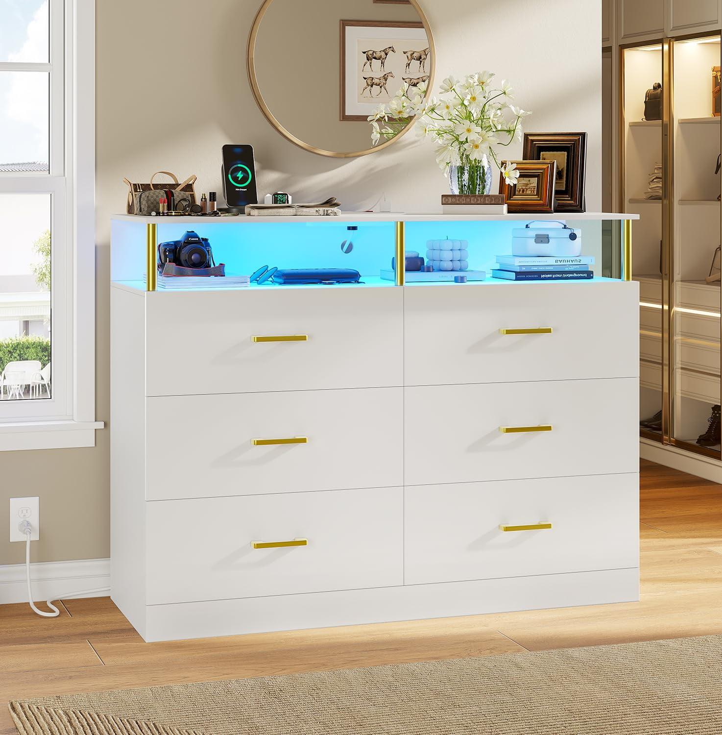 White 6-Drawer Dresser with LED Light and Metal Accents