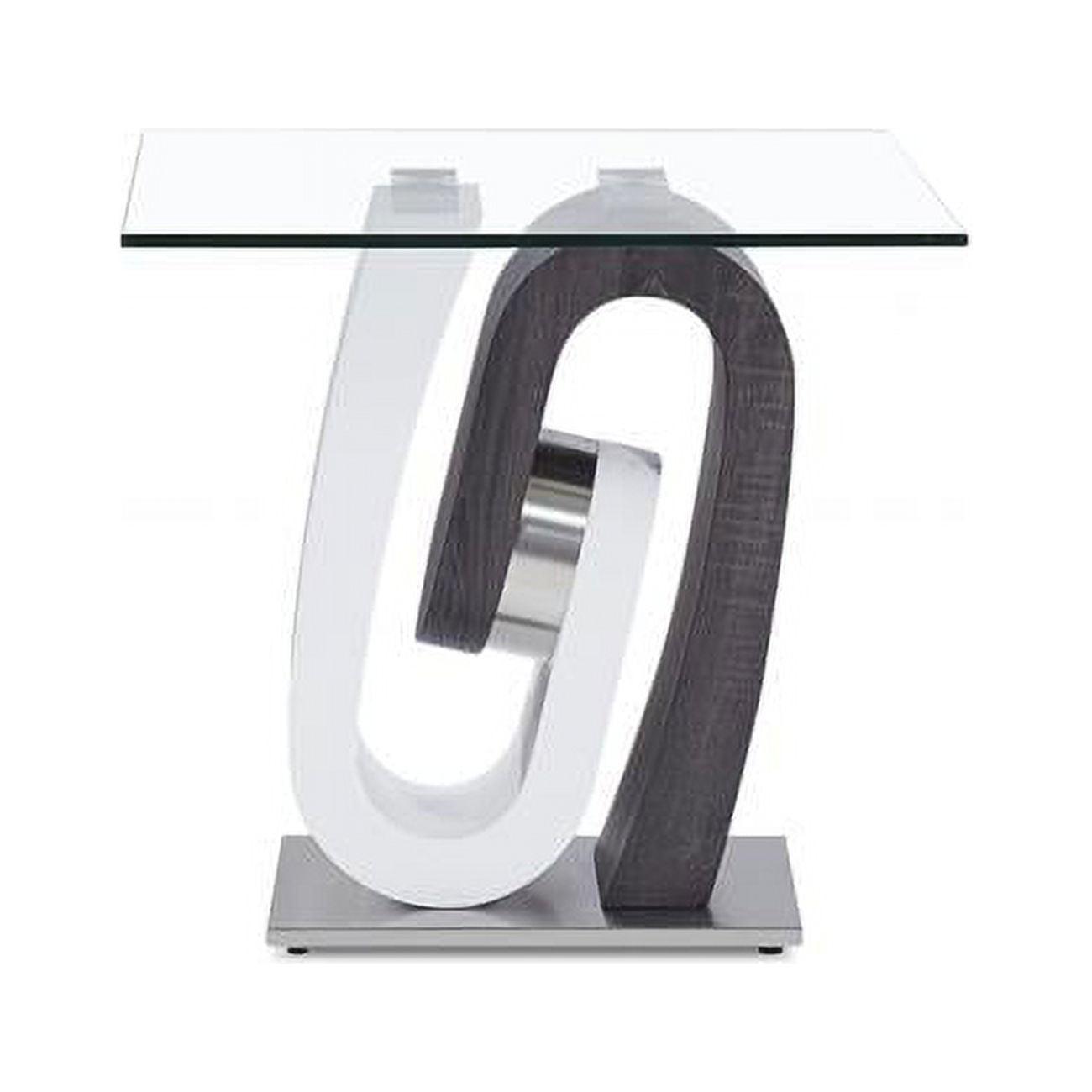 White and Dark Grey Glass Top End Table with Abstract Base