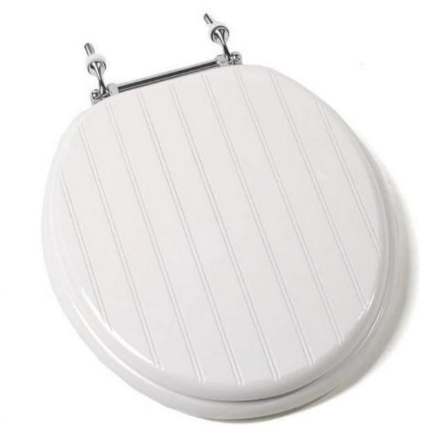 White Bead Board Deluxe Molded Wood Toilet Seat With Chrome Hinges, Round