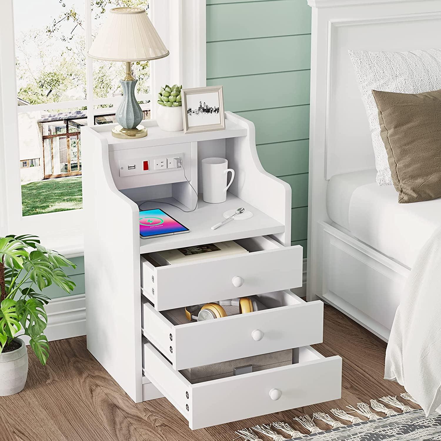 White Bedside Table with USB Ports & Outlets & Hutch, 3 Drawers Nightstand for Bedroom Living Room