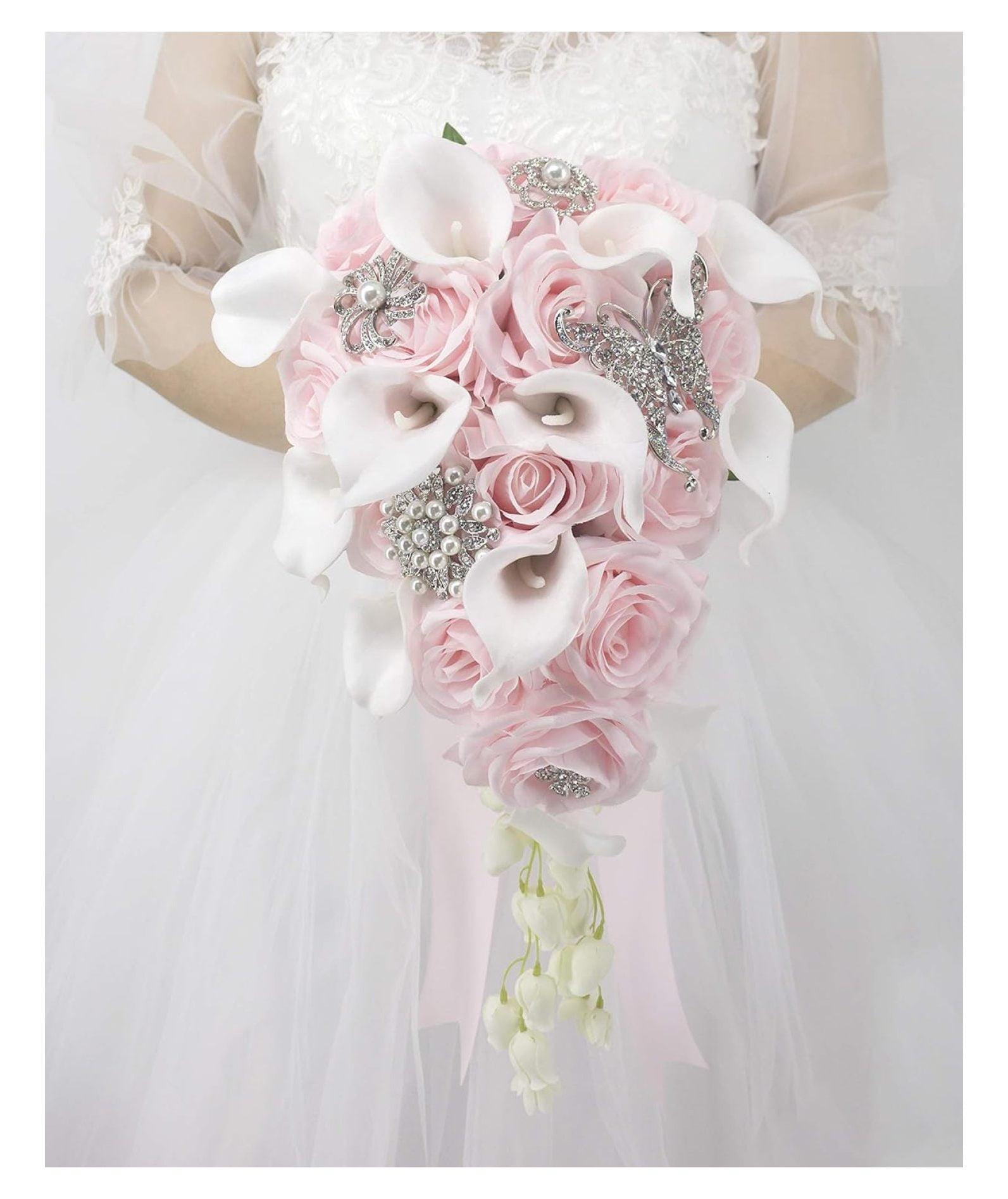 Abbie Home Calla Lily and Rose Cascading Bride Bouquet Waterfall Wedding Flower with Jewelry Décor