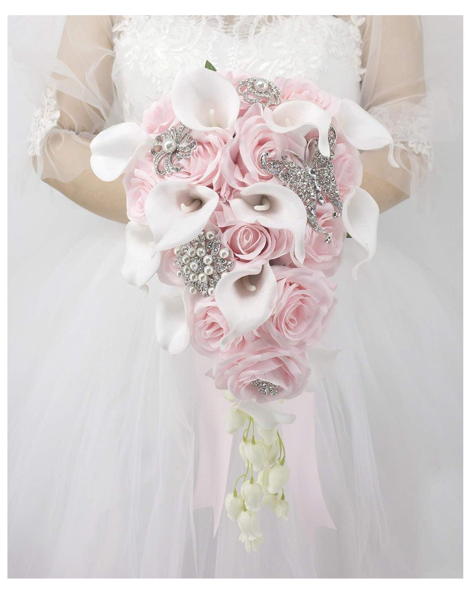 Abbie Home Calla Lily and Rose Cascading Bride Bouquet Waterfall Wedding Flower with Jewelry Décor