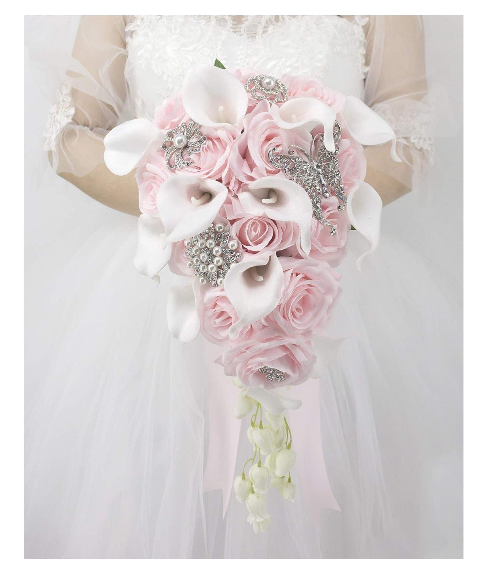 Abbie Home Calla Lily and Rose Cascading Bride Bouquet Waterfall Wedding Flower with Jewelry Décor