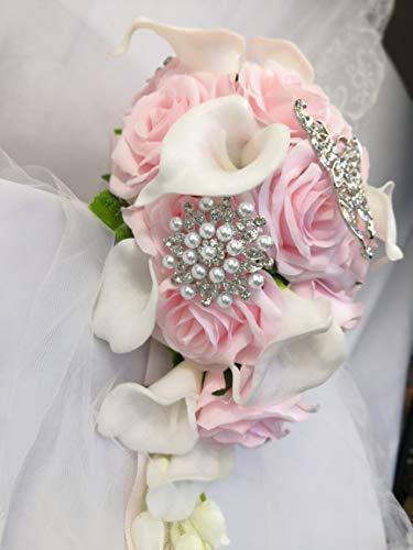 Abbie Home Calla Lily and Rose Cascading Bride Bouquet Waterfall Wedding Flower with Jewelry Décor