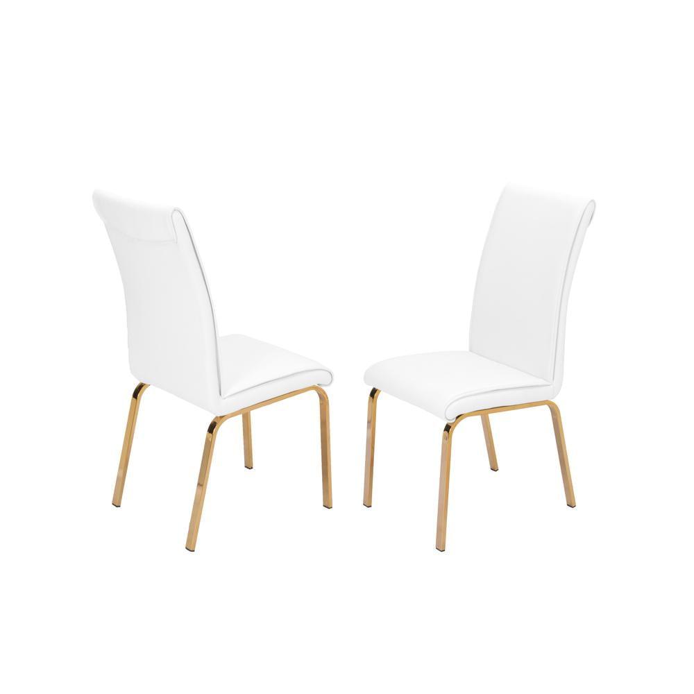 White Faux Leather Upholstered Side Chairs with Gold Metal Legs, Set of 2