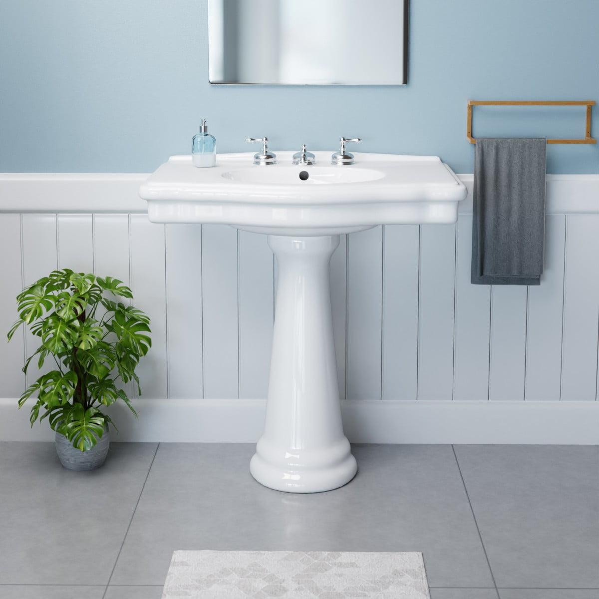 Large White Ceramic Pedestal Bathroom Sink with Overflow