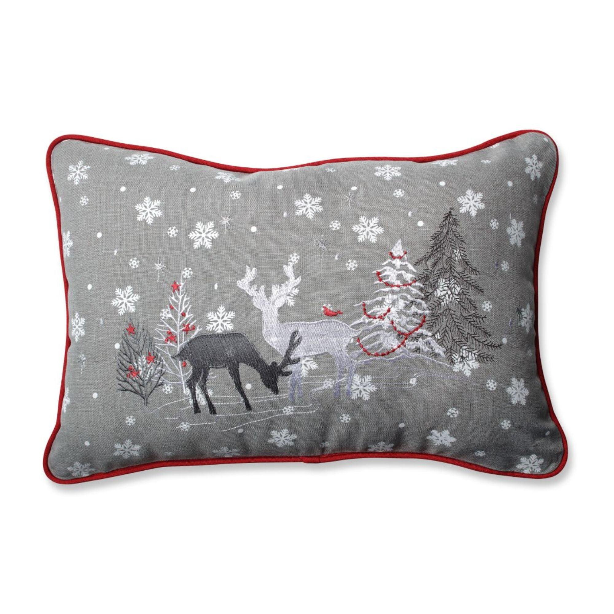 Grey and White Embroidered Christmas Lumbar Throw Pillow