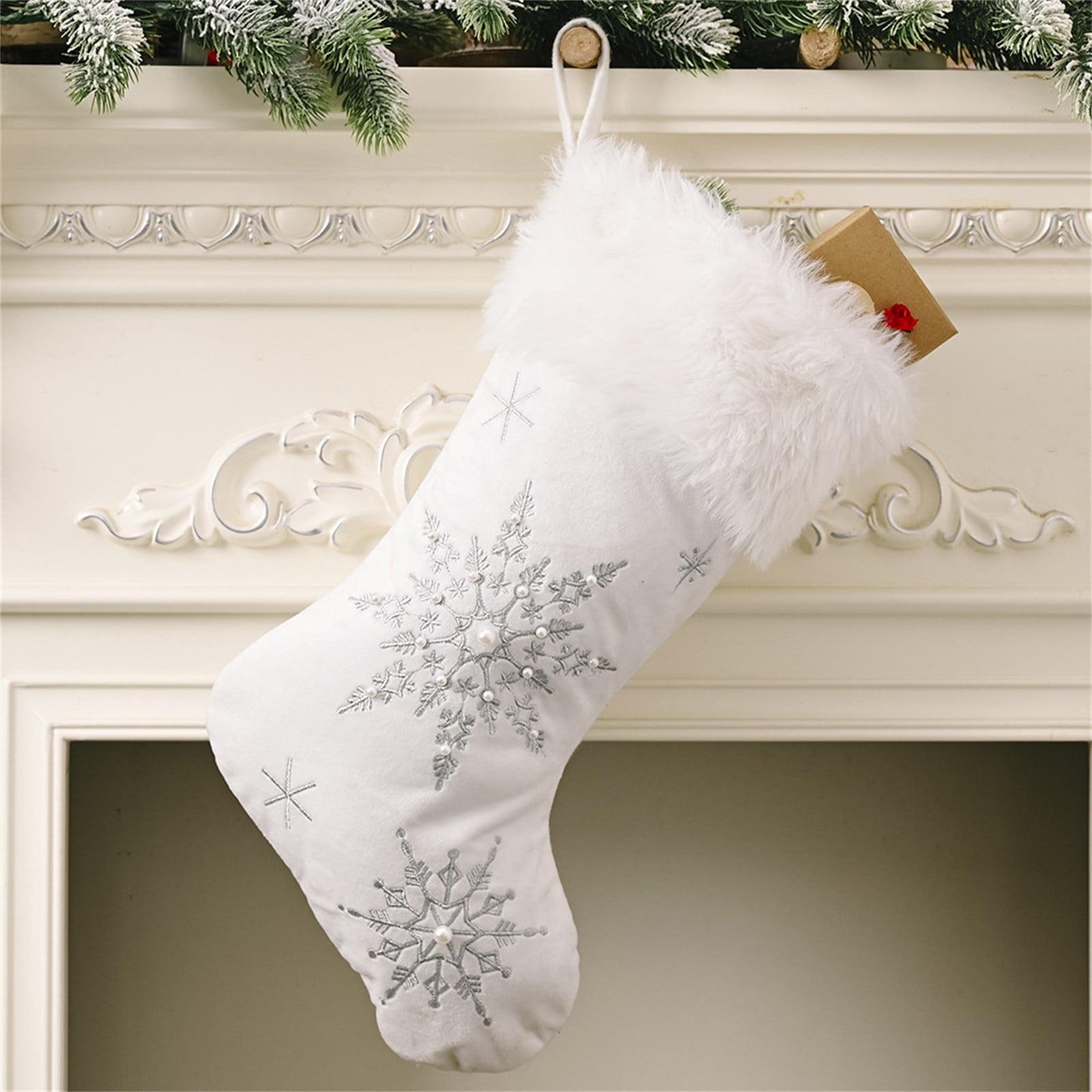 White Christmas Stockings 1 Pack, Family Stockings Christmas 19.7” Large Christmas Stockings with Plush Faux Fur Cuff (Silver/Gold Snowflake Embroidery) Giant Xmas Stockings Hanging Stockings