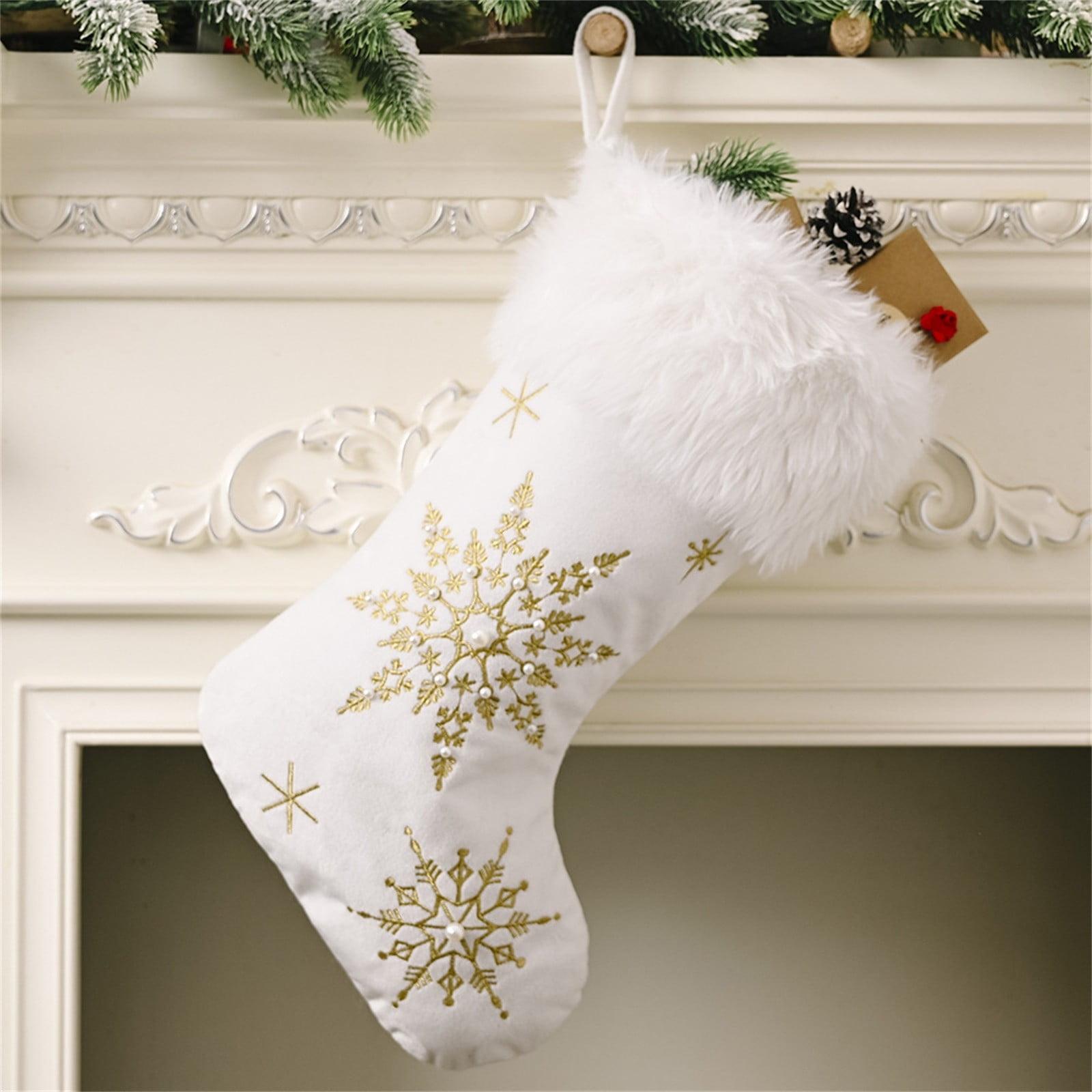 White Faux Fur Christmas Stocking with Silver Snowflake Embroidery